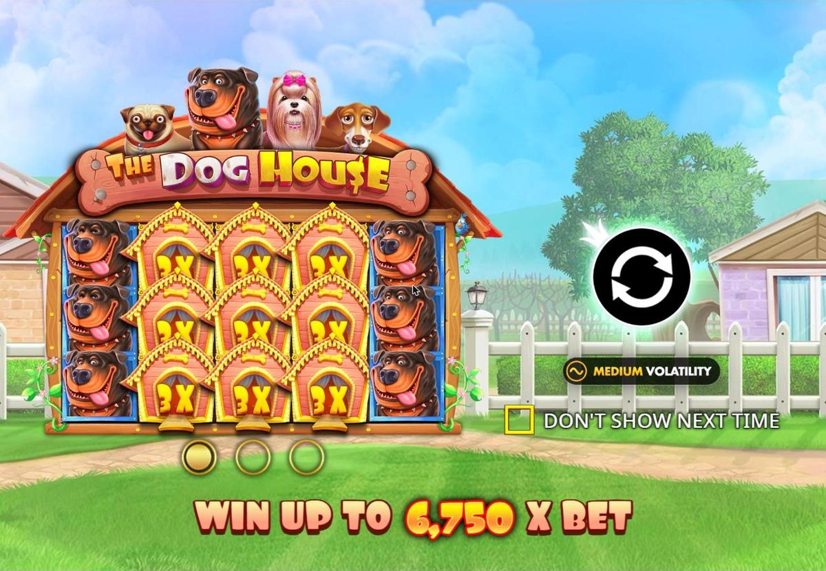 The Dog House intro screen: the Rottweiler, Shih Tzu, Pug and Dachshund sit on the roof of a wooden kennel in a sunny back yard, above a grid of 3x dog house wilds, with the line Win up to 6,750 x bet and a medium volatility badge.