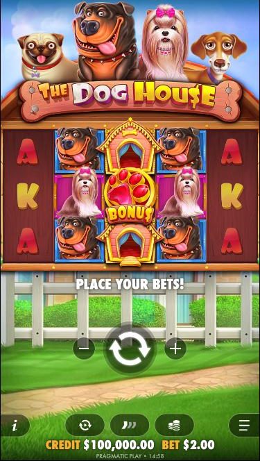 The Dog House on a phone screen: the four dogs and logo at the top, the reels in the middle and a round spin button with minus and plus under them, then the menu, autoplay, turbo and bet buttons and the credit and bet at the bottom.