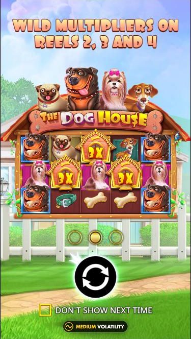 The Dog House intro screen on a phone, with Wild multipliers on reels 2, 3 and 4 above the kennel.