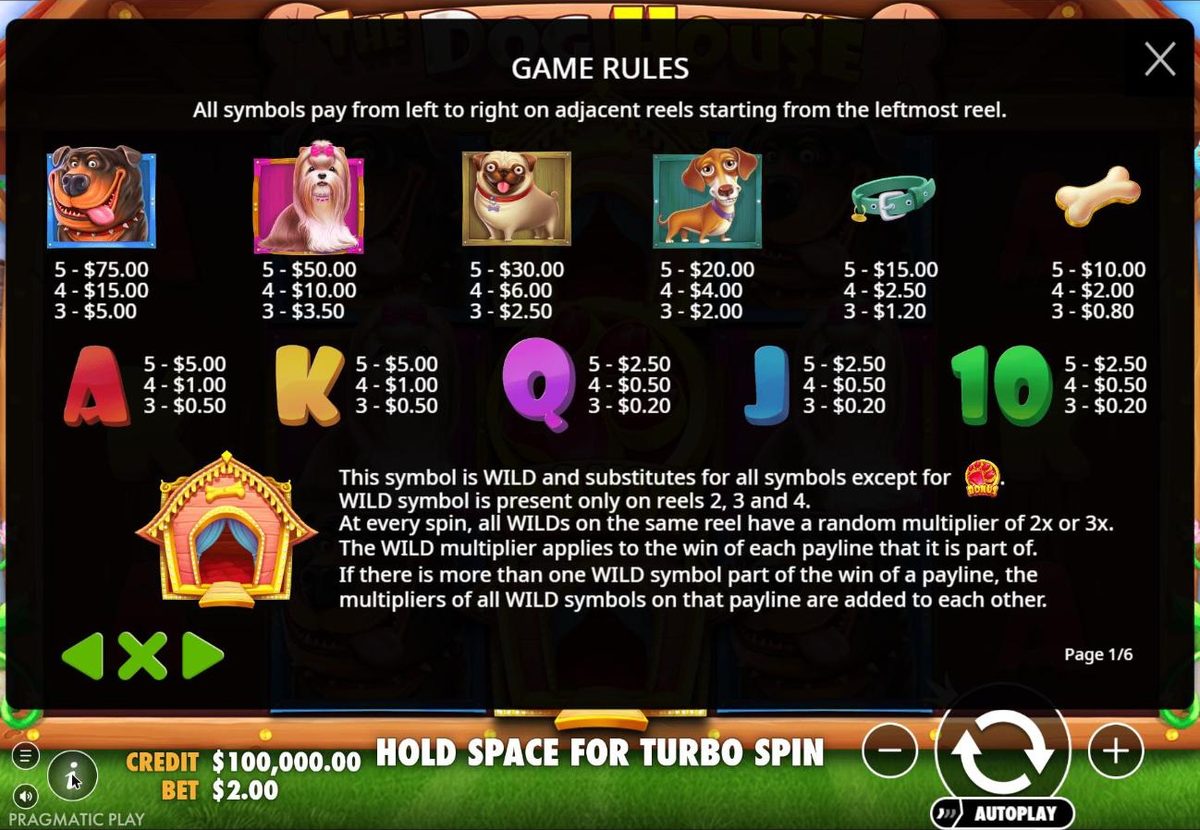 Page 1 of the game rules: the Rottweiler pays $75 for 5, the Shih Tzu $50, the Pug $30, the Dachshund $20, the collar $15 and the bone $10 at a $2 bet, with A to 10 below and the wild rules underneath.
