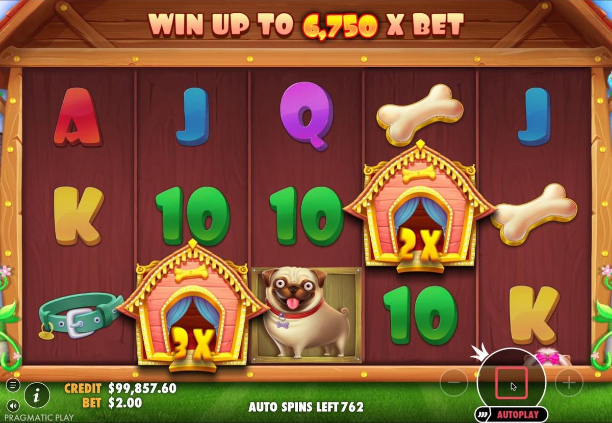 Base game spin under the banner Wild multipliers on reels 2, 3 and 4: a 3x dog house wild on reel 2, a 2x wild on reel 4, Pugs, a Dachshund, a Rottweiler and card symbols around them.